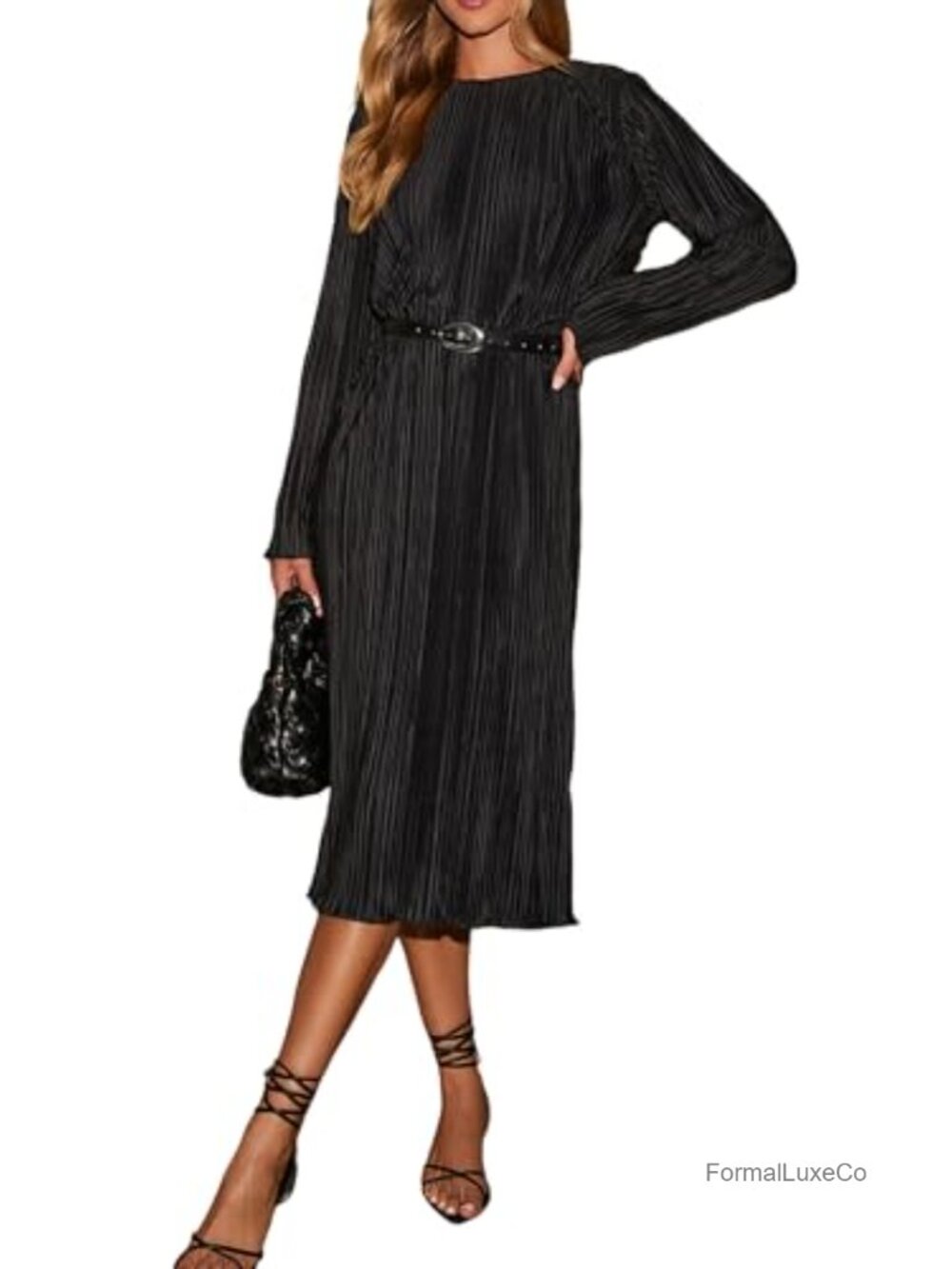 Satin Pleated Midi Dress Long Sleeve Loose Fit Cocktail Wedding Guest